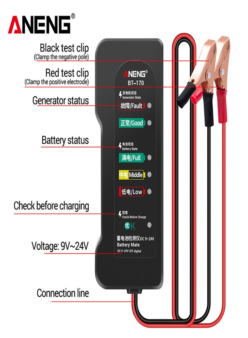 ANENG BT170 Portable 12V Car Battery Tester DC 9-24V Battery Testing Tool with LED Indicator Fault Analyzer Overload Test for Automobile Motorcycle - Image 3