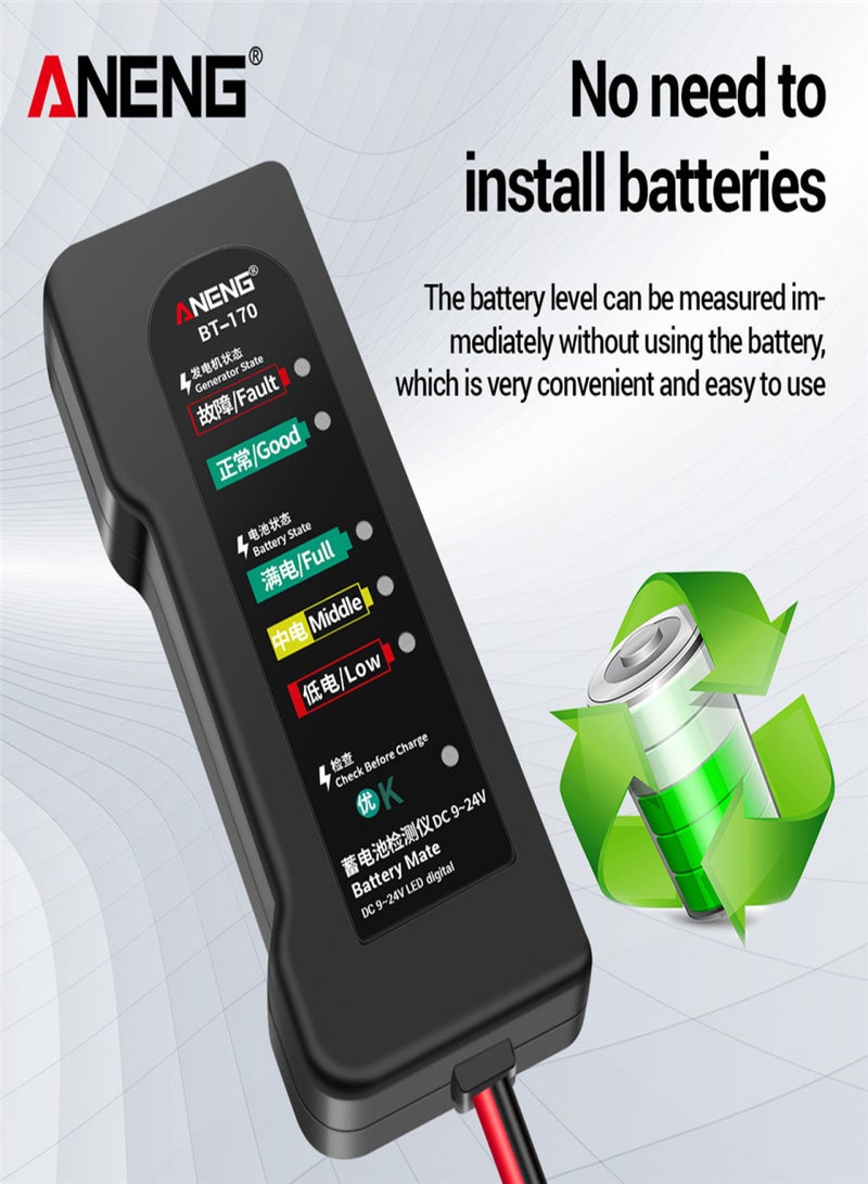 ANENG BT170 Portable 12V Car Battery Tester DC 9-24V Battery Testing Tool with LED Indicator Fault Analyzer Overload Test for Automobile Motorcycle - Image 2