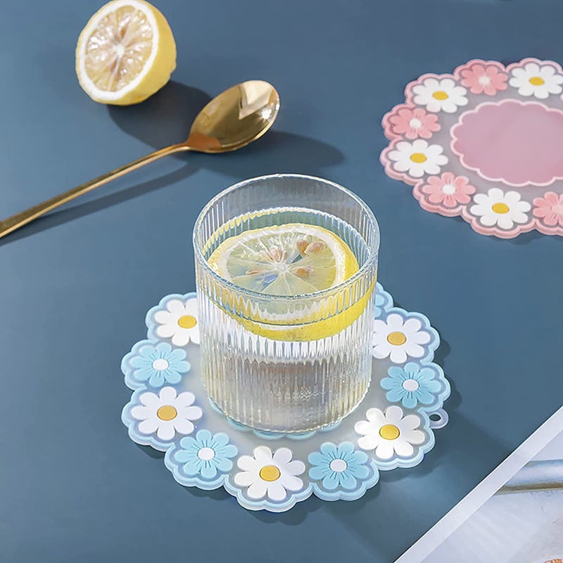 P-Plus International Round Cherry Blossom Sakura Kawaii Silicone Trivet for Table Desk Coffee Decoration Durable Non-Slip Silicone Coasters for Drinks (Blue, Pack of 6) - Image 2