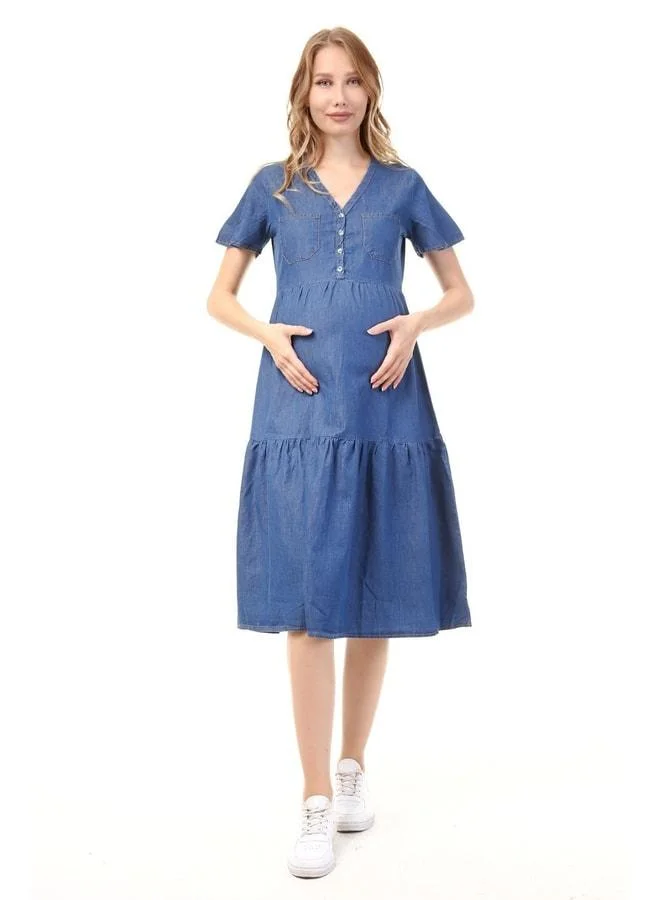 LuvmaBelly MYRA5025 - Maternity Dress Denim with Buttons and Pockets - Blue.