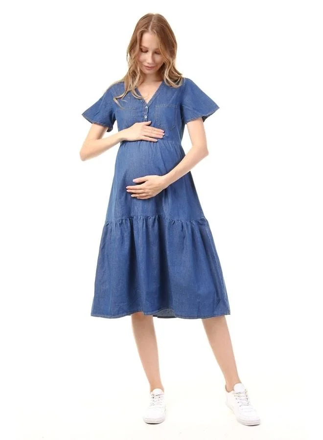 LuvmaBelly MYRA5025 - Maternity Dress Denim with Buttons and Pockets - Blue.