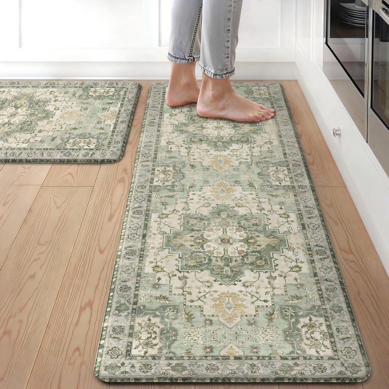 GENIMO Kitchen Mats for Floor 2PCs, Washable Anti Fatigue Mat for Cushioned, 17.3"x47"+17.3"x30", Waterproof Kitchen Rugs, Non Slip Comfort Standing Mat Rug for Home, Sink, Laundry, Light Green - Image 1