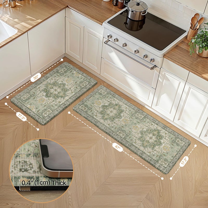 GENIMO Kitchen Mats for Floor 2PCs, Washable Anti Fatigue Mat for Cushioned, 17.3"x47"+17.3"x30", Waterproof Kitchen Rugs, Non Slip Comfort Standing Mat Rug for Home, Sink, Laundry, Light Green - Image 2