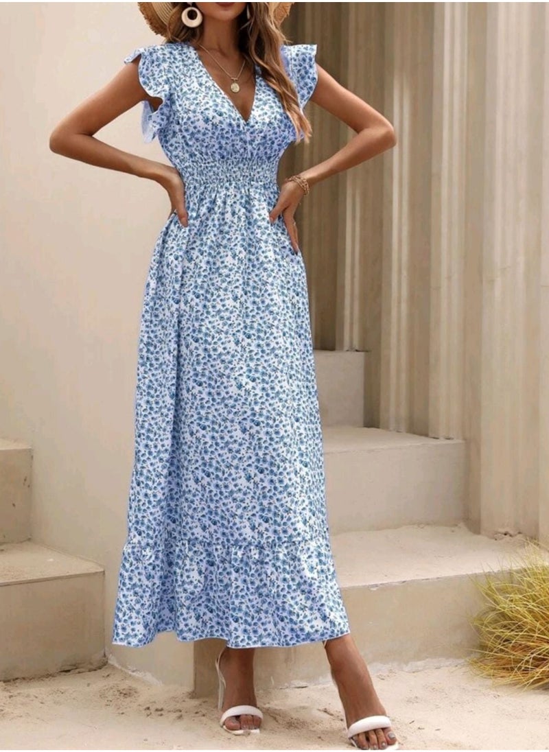 Shein SHEIN Holidaya Ditsy Floral Print Butterfly Sleeve Shirred Ruffle Hem Dress  - Image 3