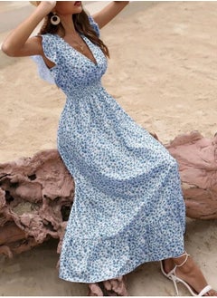 Shein SHEIN Holidaya Ditsy Floral Print Butterfly Sleeve Shirred Ruffle Hem Dress  - Image 4