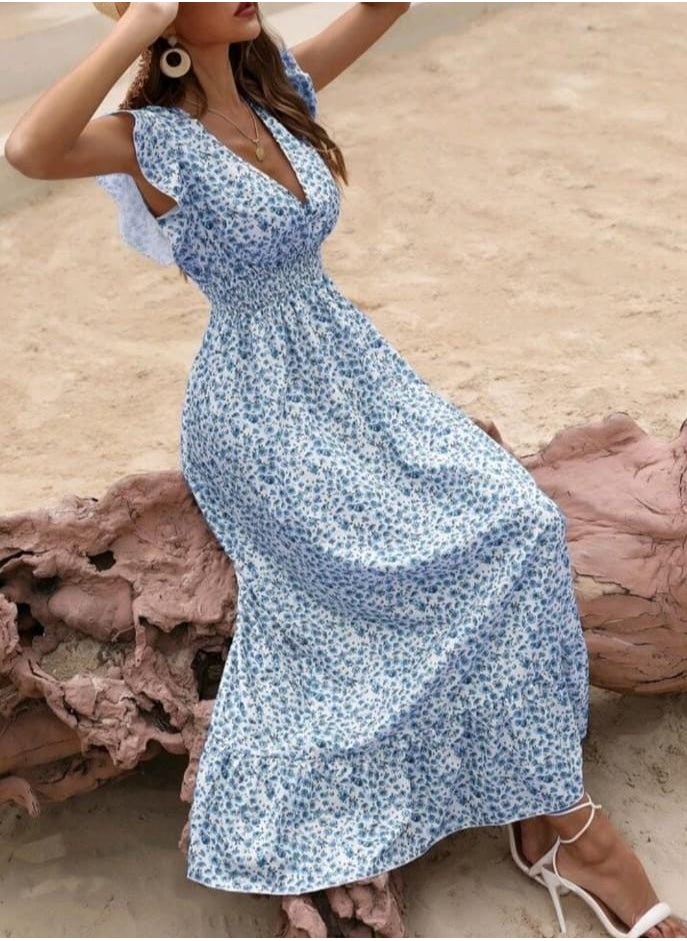 Shein SHEIN Holidaya Ditsy Floral Print Butterfly Sleeve Shirred Ruffle Hem Dress  - Image 4
