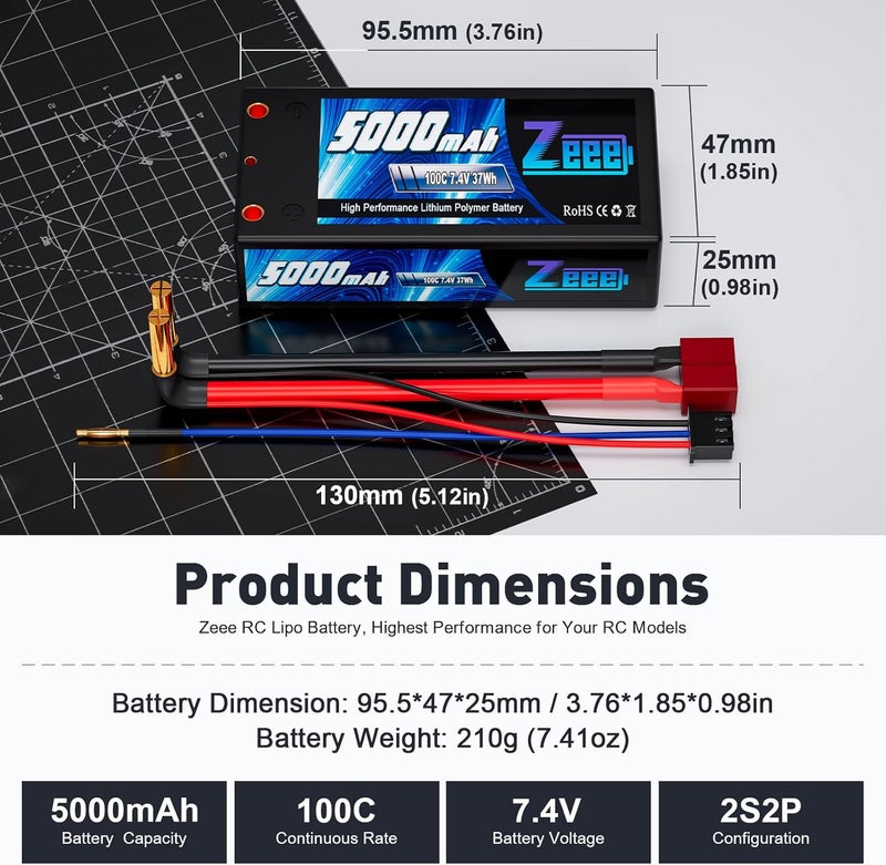 Zeee 2S Shorty Lipo Battery 5000mAh 7.4V 100C Hard Case with 4mm Bullet to Deans Connector for RC 1/10 Scale Vehicles Car Trucks Boats RC Models - Image 2
