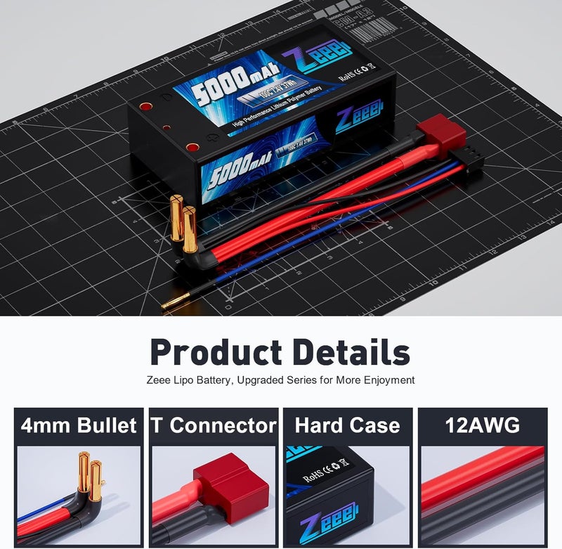 Zeee 2S Shorty Lipo Battery 5000mAh 7.4V 100C Hard Case with 4mm Bullet to Deans Connector for RC 1/10 Scale Vehicles Car Trucks Boats RC Models - Image 3