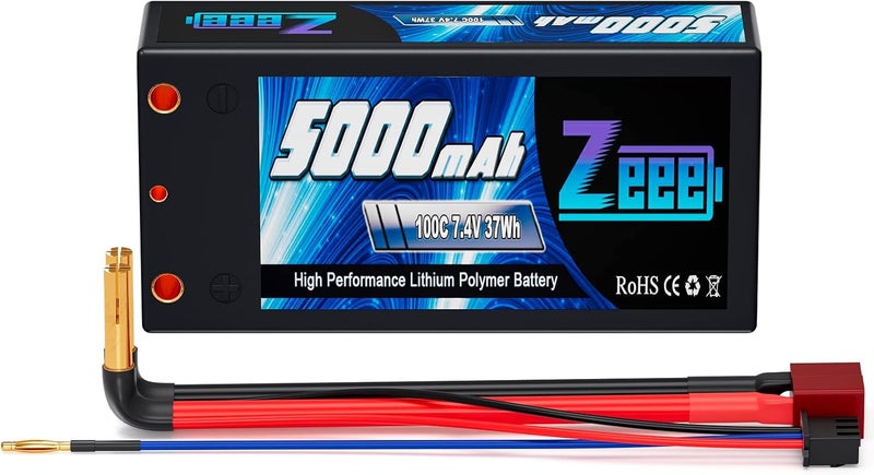Zeee 2S Shorty Lipo Battery 5000mAh 7.4V 100C Hard Case with 4mm Bullet to Deans Connector for RC 1/10 Scale Vehicles Car Trucks Boats RC Models - Image 1