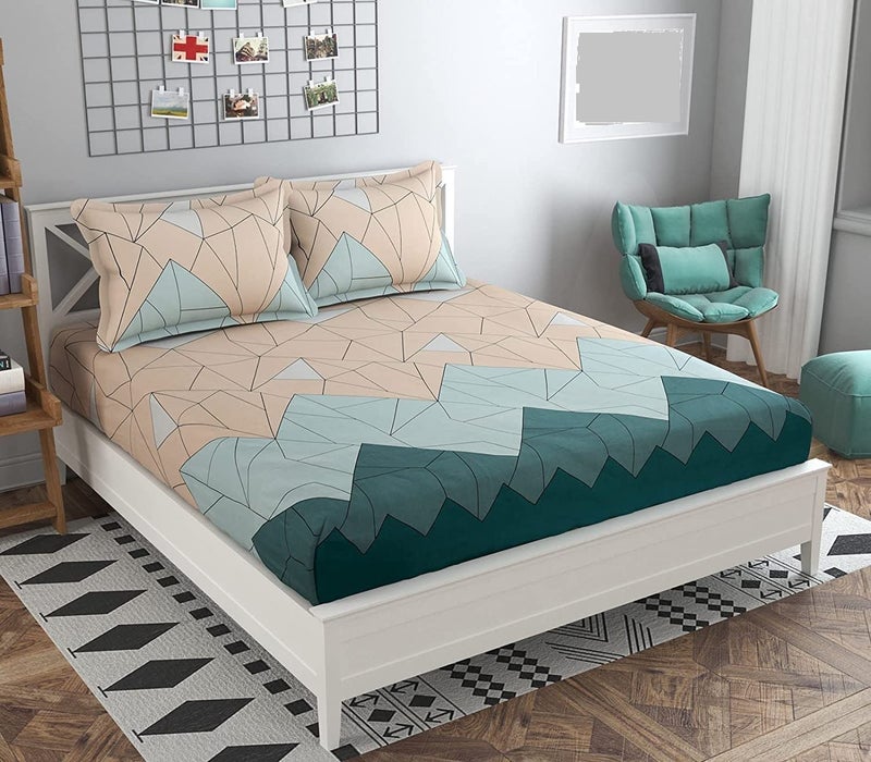 KAWI Cotton 200 TC Feel Elastic Fitted Printed King Size Double Bedsheet With 2 Pillow Cover (72"X78") -Peach Green - Image 1