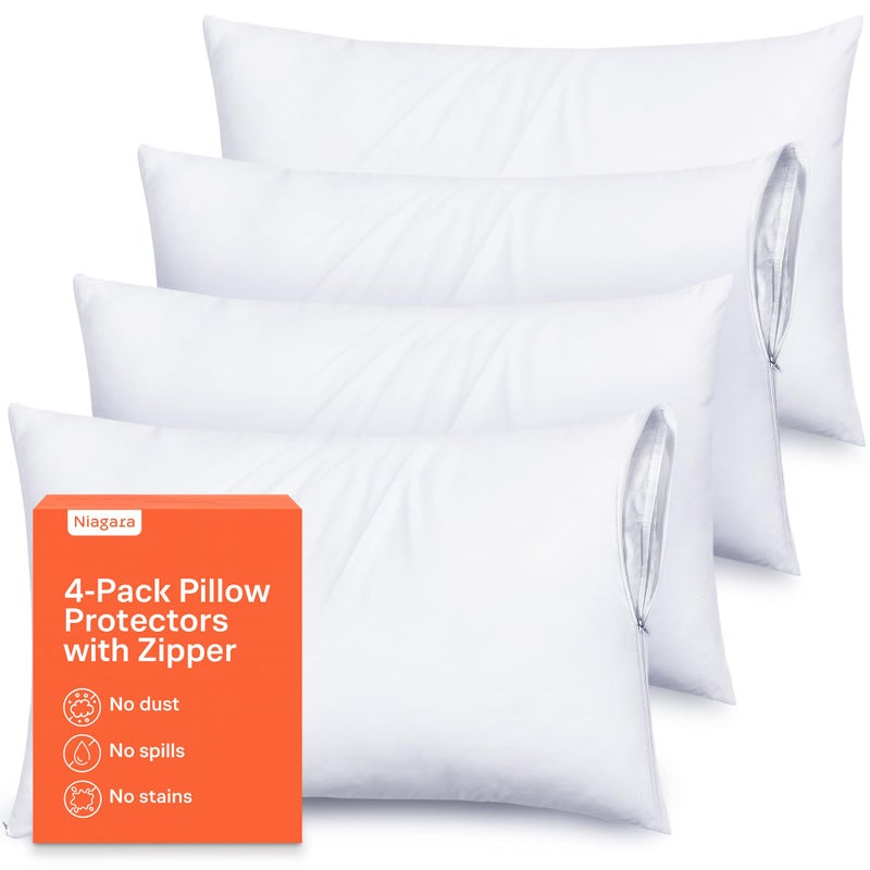 Niagara Sleep Solution Ultra Soft Pillow Protectors with Zipper Standard Size - Set of 4 Breathable Pillow Covers - 100% Protection Against Stains, Dust & Dirt - Machine Washable (White) - Image 1