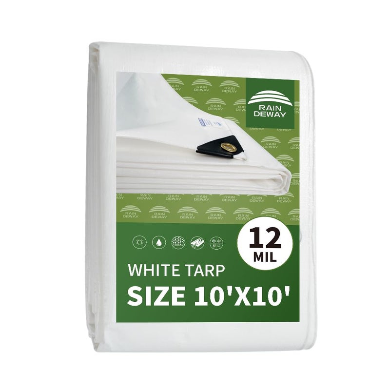Raindeway 12 Mil Heavy Duty White Tarp 10X10 Feet Uv Resistant Waterproof Weatherproof Poly Tarp With Metal Grommets And Reinforced Edges - Image 1