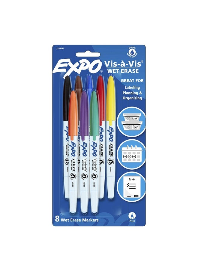 Expo EXPO Vis-a-Vis Wet Erase Marker Set, Fine Tip, Assorted Colors, 8 Count  - Image 1