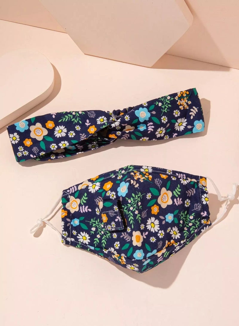 Ditsy Floral Pattern Face Covering With Headband  - Image 1