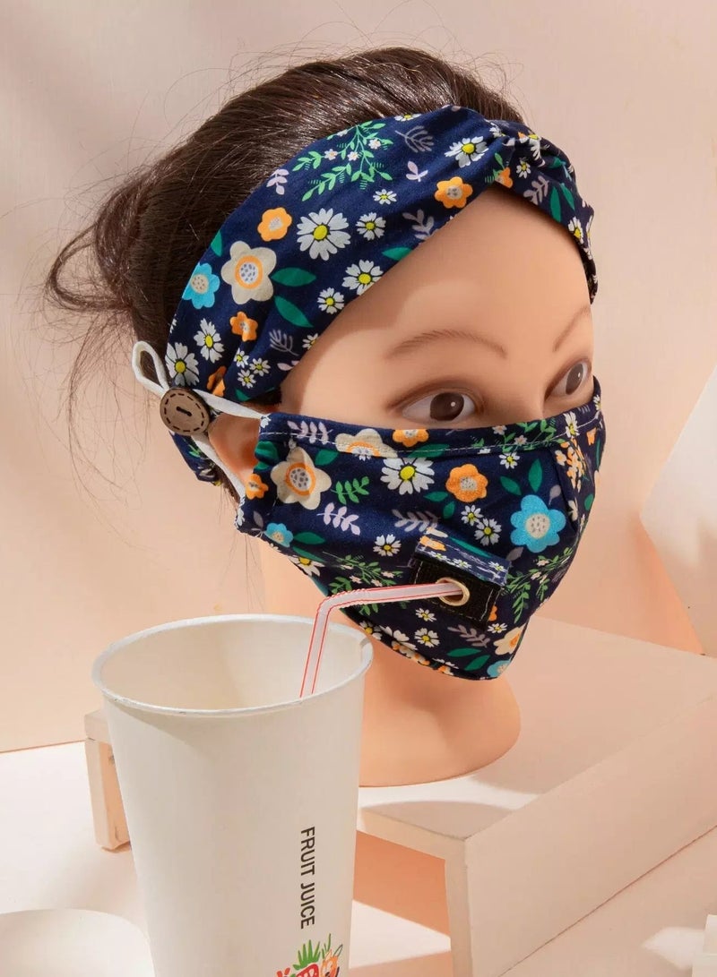 Ditsy Floral Pattern Face Covering With Headband  - Image 2