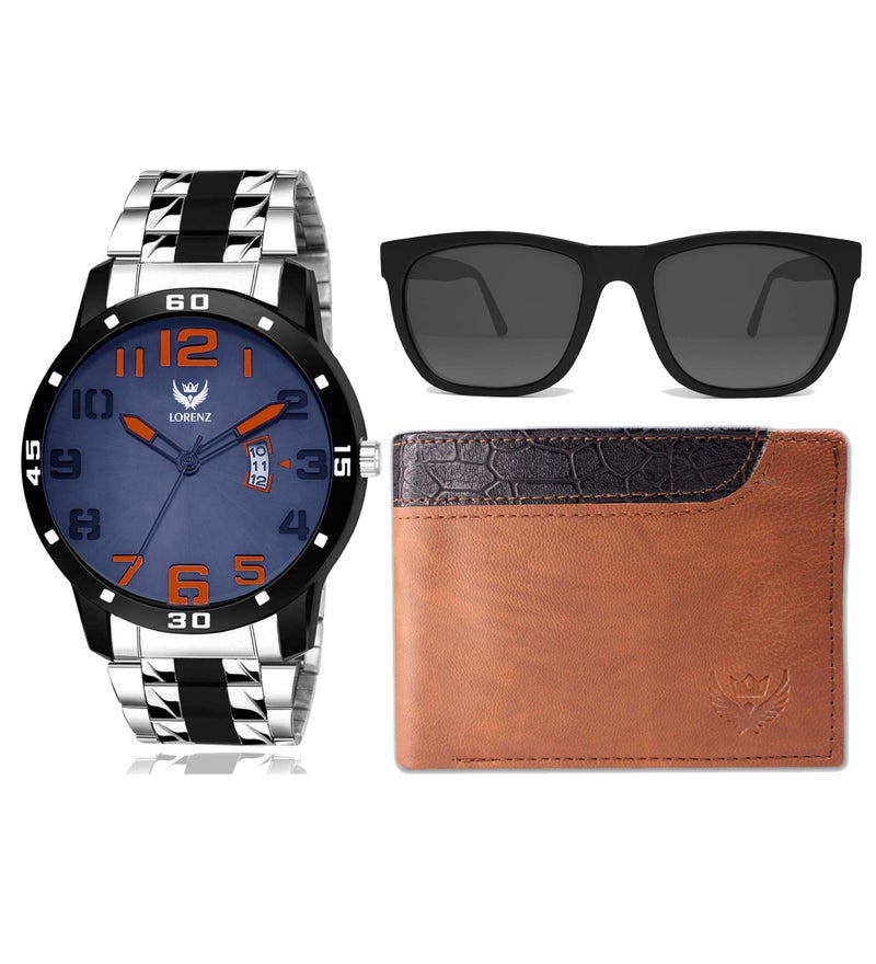 LORENZ Men Analogue Silver Band Combo of Blue Dial Watch, Brown Wallet & Black Black Sunglasses | CM-3048SN1-WL-29 - Image 2