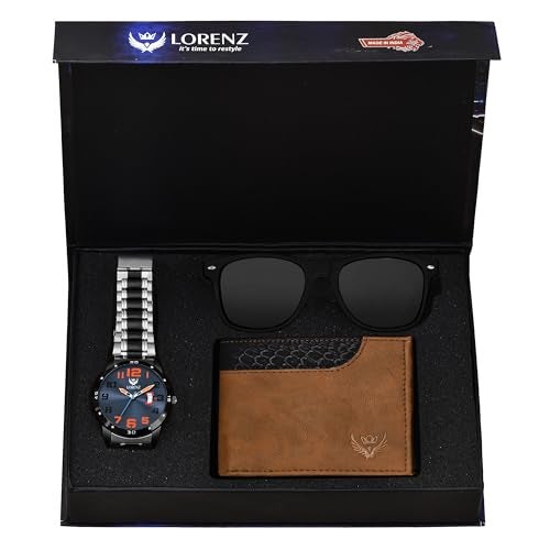 LORENZ Men Analogue Silver Band Combo of Blue Dial Watch, Brown Wallet & Black Black Sunglasses | CM-3048SN1-WL-29 - Image 1
