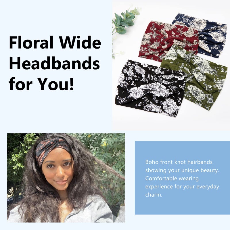 Tobeffect Wide Headbands for Women, 7'' Floral Printed Turban Headband Boho Hairband Twist Hair Accessories, 6 pack - Image 5