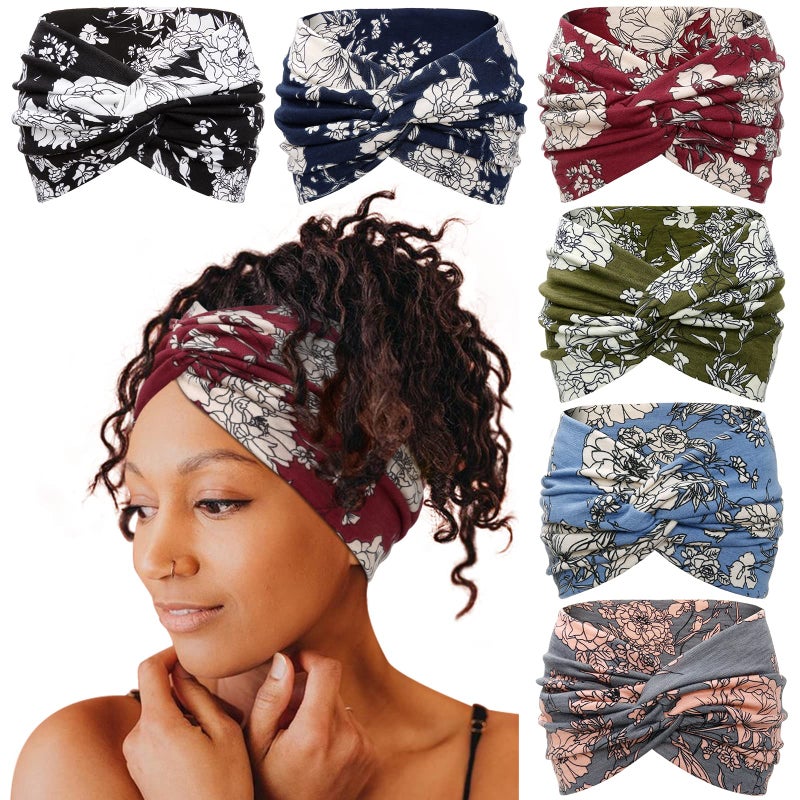 Tobeffect Wide Headbands for Women, 7'' Floral Printed Turban Headband Boho Hairband Twist Hair Accessories, 6 pack - Image 1