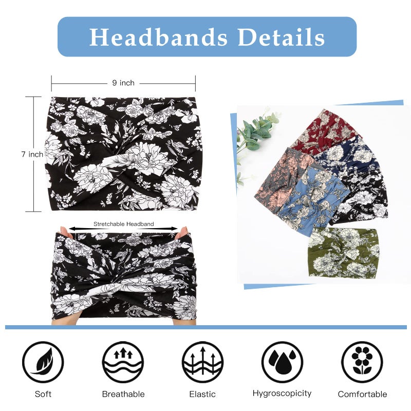 Tobeffect Wide Headbands for Women, 7'' Floral Printed Turban Headband Boho Hairband Twist Hair Accessories, 6 pack - Image 2