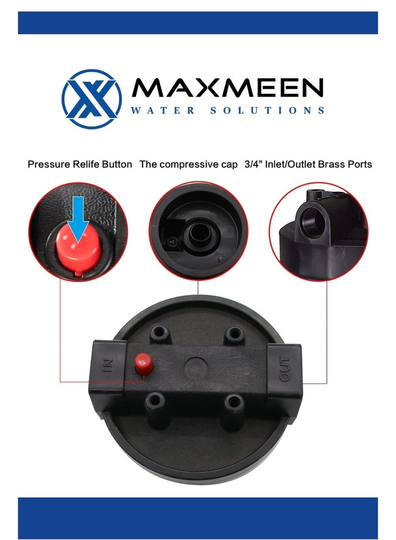 ماكسمين حاوية فلتر مياه منزلي كامل 20 بوصة – هيكل أزرق من Maxmeen Water  + حامل  + مفتاح  – مدخل/مخرج ¾" (إزالة الرواسب، الروائح وتحسين الطعم) - Image 3