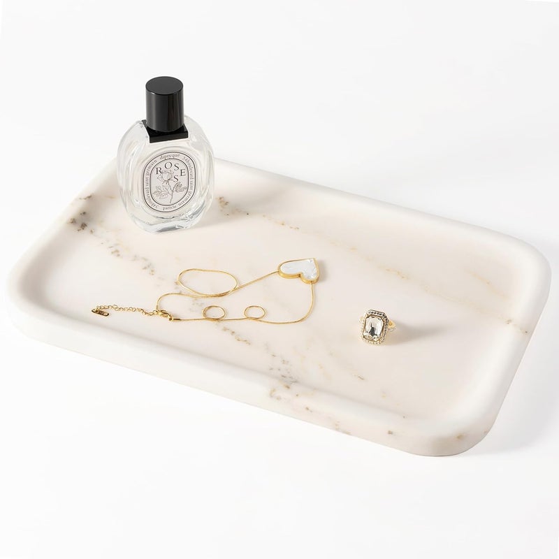 Koville Marble Tray, 12"x8" Marble Vanity Tray for Bathroom Kitchen Countertop, Rectangular Stone Tray for Cosmetics Perfume Trinket, Decorative Catchall Trays (Oriental Calacatta) - Image 1