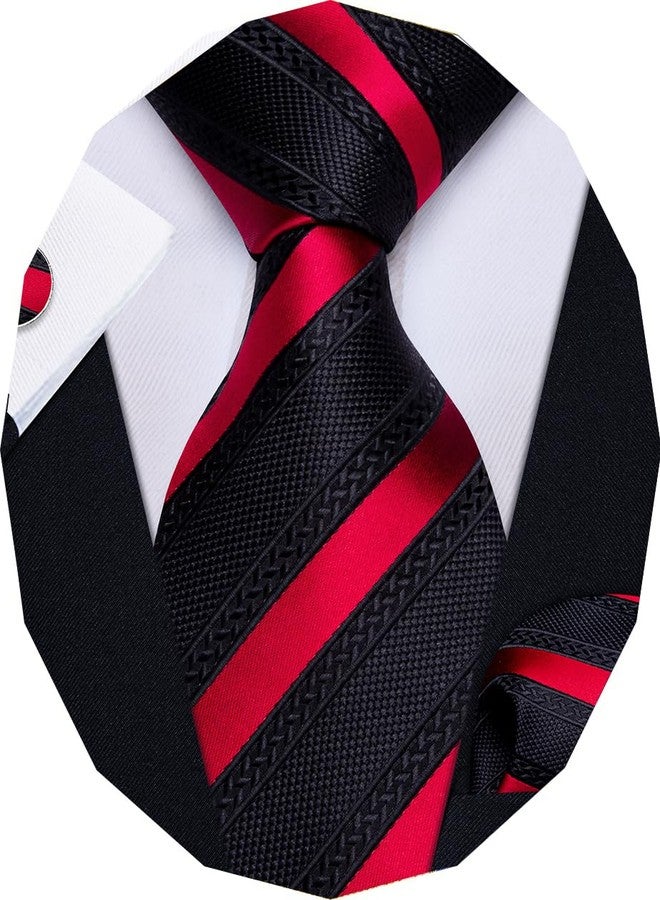YourTies Striped Ties for Men Classic Woven Silk Necktie with Handkerchief Cufflinks Set Formal Business Party Wedding, Black Red Striped, One size - Image 1