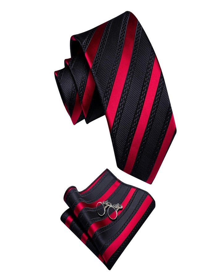YourTies Striped Ties for Men Classic Woven Silk Necktie with Handkerchief Cufflinks Set Formal Business Party Wedding, Black Red Striped, One size - Image 4