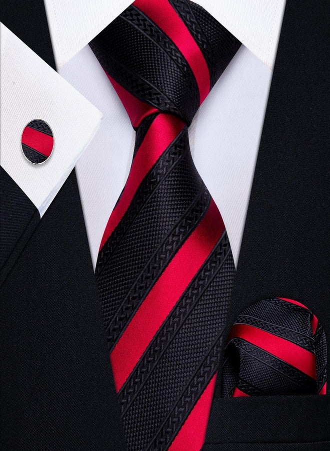 YourTies Striped Ties for Men Classic Woven Silk Necktie with Handkerchief Cufflinks Set Formal Business Party Wedding, Black Red Striped, One size - Image 2
