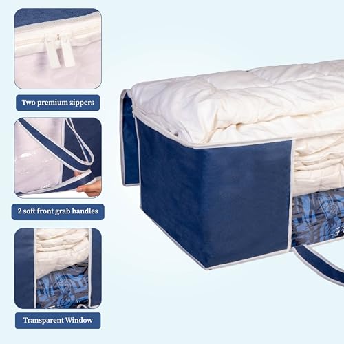 HomeStrap Set of 1 Non-Woven Underbed Storage Organizer/Blanket Cover Bag with Transparent Window and Front Handle for Quilt, Clothes (Navy Blue) - Image 3