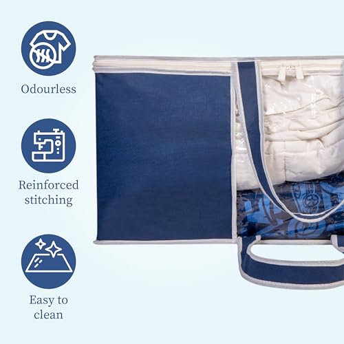 HomeStrap Set of 1 Non-Woven Underbed Storage Organizer/Blanket Cover Bag with Transparent Window and Front Handle for Quilt, Clothes (Navy Blue) - Image 4