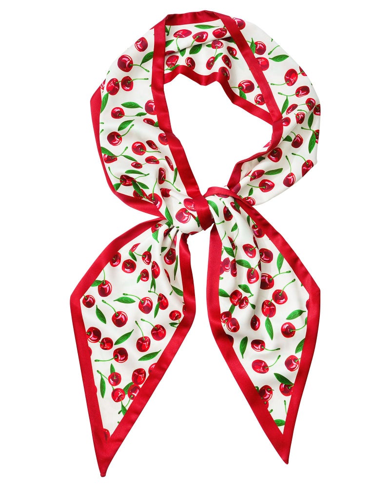 Mesovor Cherry Head Scarf Hair Neck Scarves for Women, Fashion Purse Bag Scarfs | Long Thin Satin Headscarf Headbands (Cherry (White)) - Image 1