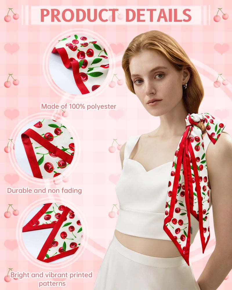 Mesovor Cherry Head Scarf Hair Neck Scarves for Women, Fashion Purse Bag Scarfs | Long Thin Satin Headscarf Headbands (Cherry (White)) - Image 3
