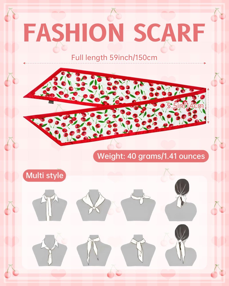 Mesovor Cherry Head Scarf Hair Neck Scarves for Women, Fashion Purse Bag Scarfs | Long Thin Satin Headscarf Headbands (Cherry (White)) - Image 2