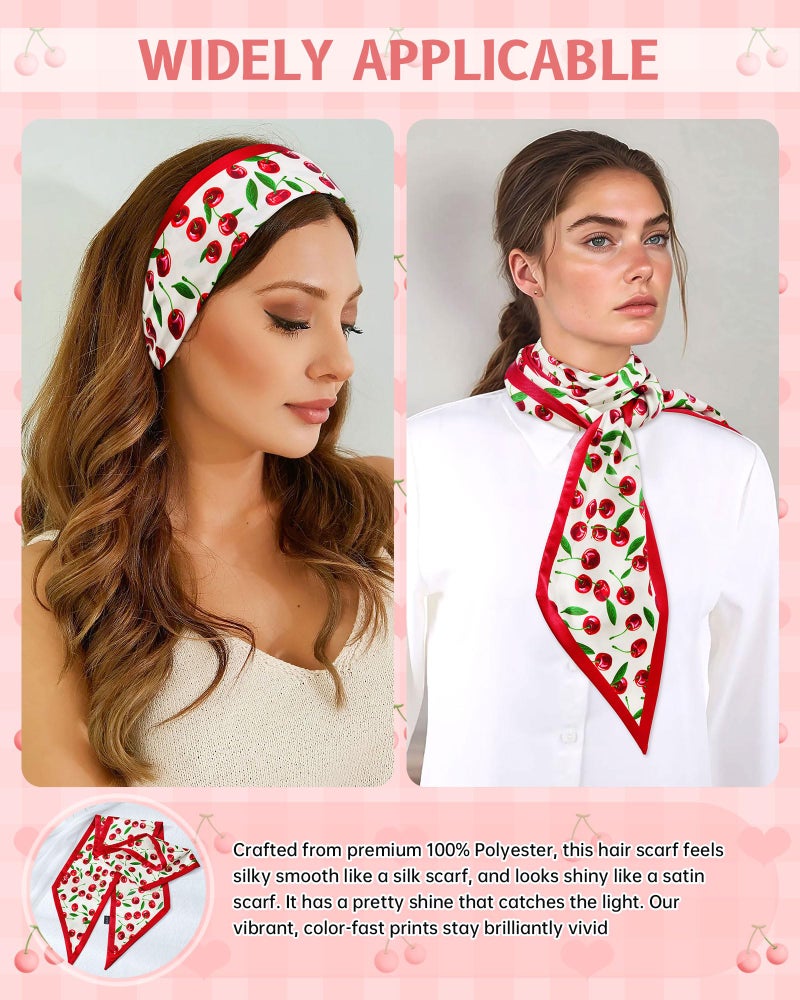Mesovor Cherry Head Scarf Hair Neck Scarves for Women, Fashion Purse Bag Scarfs | Long Thin Satin Headscarf Headbands (Cherry (White)) - Image 4