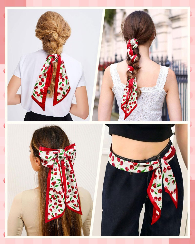 Mesovor Cherry Head Scarf Hair Neck Scarves for Women, Fashion Purse Bag Scarfs | Long Thin Satin Headscarf Headbands (Cherry (White)) - Image 5