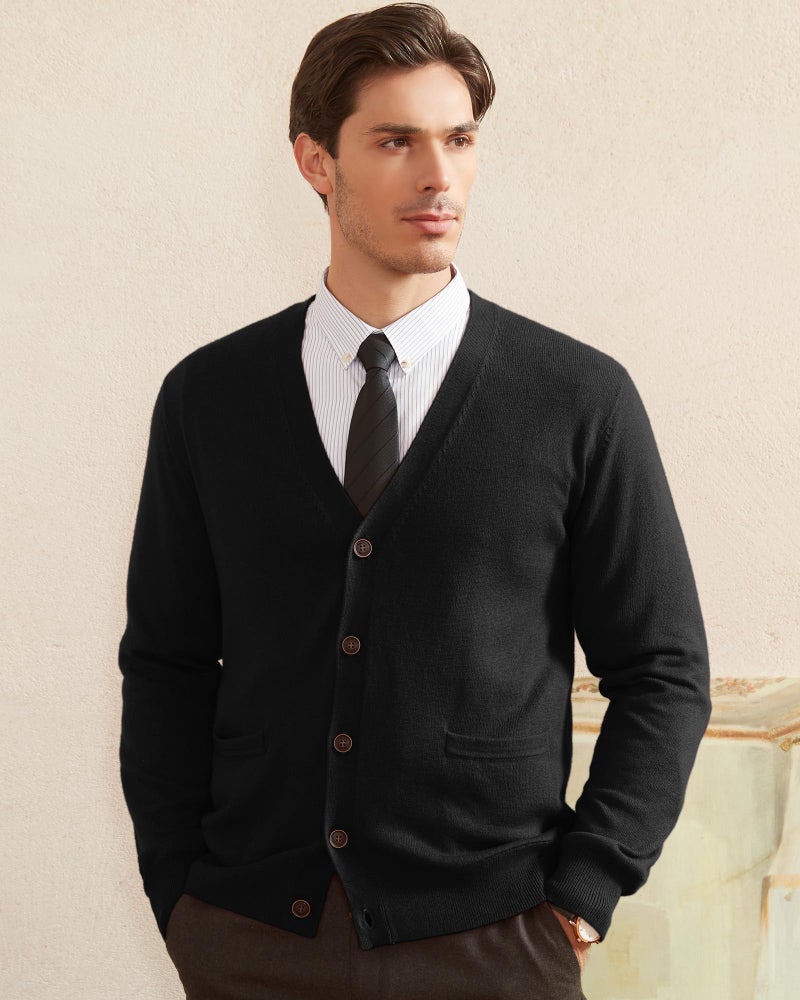 Kallspin Men's Cardigan Sweaters Wool Blend V Neck Button Down Sweaters with Pockets(Black, Large) - Image 4