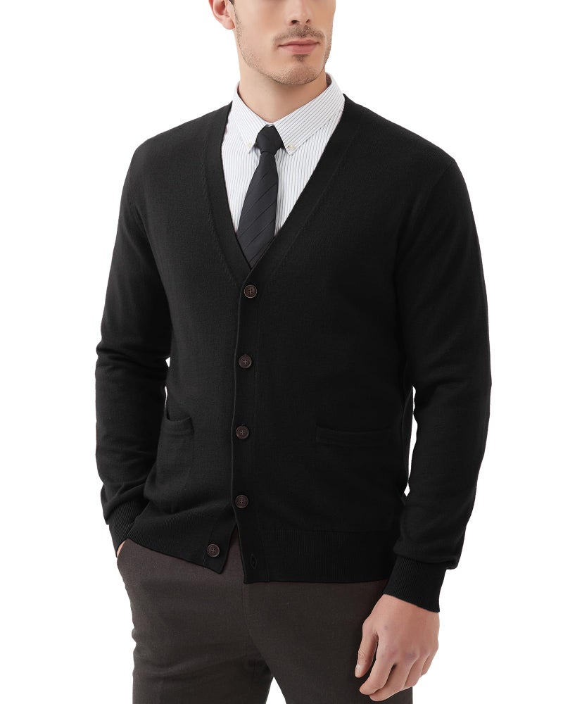 Kallspin Men's Cardigan Sweaters Wool Blend V Neck Button Down Sweaters with Pockets(Black, Large) - Image 1