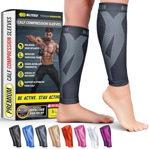 BLITZU Calf Compression Sleeves for Men and Women. Footless Compression Socks Support for Varicose Vein, Nursing, Running. Leg Sleeve Brace for Shin Splints, Pain Relief & Reduces Swelling Gray S-M - Image 1