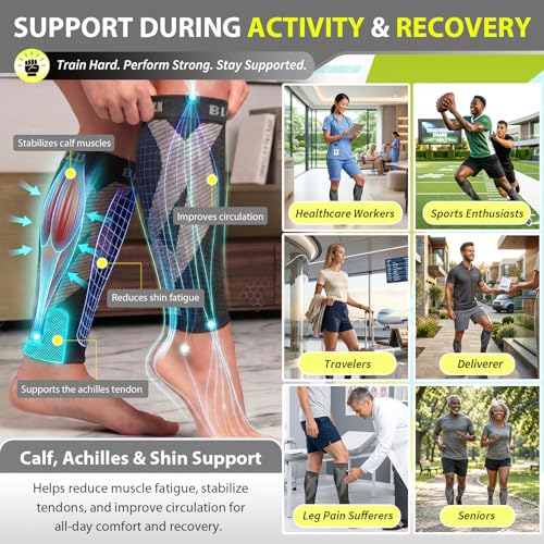 BLITZU Calf Compression Sleeves for Men and Women. Footless Compression Socks Support for Varicose Vein, Nursing, Running. Leg Sleeve Brace for Shin Splints, Pain Relief & Reduces Swelling Gray S-M - Image 4