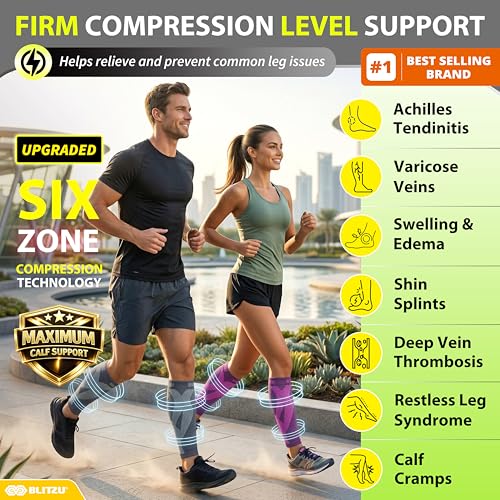 BLITZU Calf Compression Sleeves for Men and Women. Footless Compression Socks Support for Varicose Vein, Nursing, Running. Leg Sleeve Brace for Shin Splints, Pain Relief & Reduces Swelling Gray S-M - Image 2