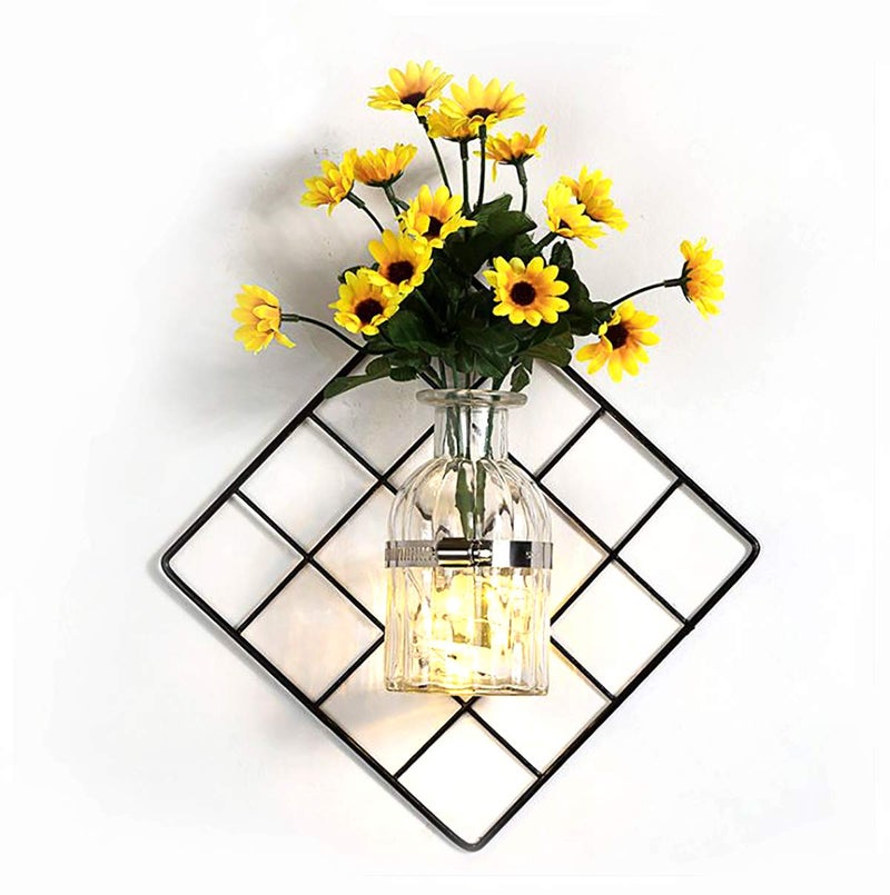 Generic The Craftman Iron Grid Plant Bottle and Yellow Artificial Flower Wall Hanging for Home Decor Decoration with LED Light  - Image 1