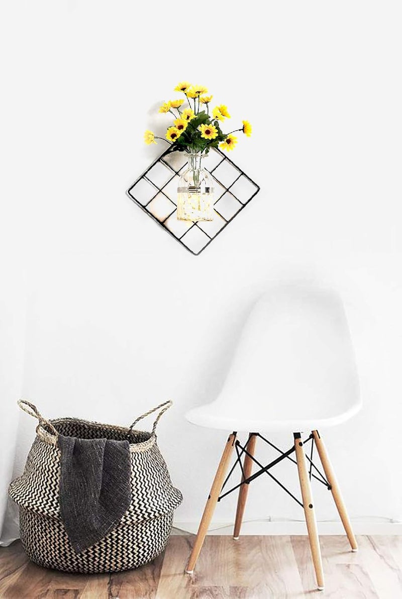 Generic The Craftman Iron Grid Plant Bottle and Yellow Artificial Flower Wall Hanging for Home Decor Decoration with LED Light  - Image 3