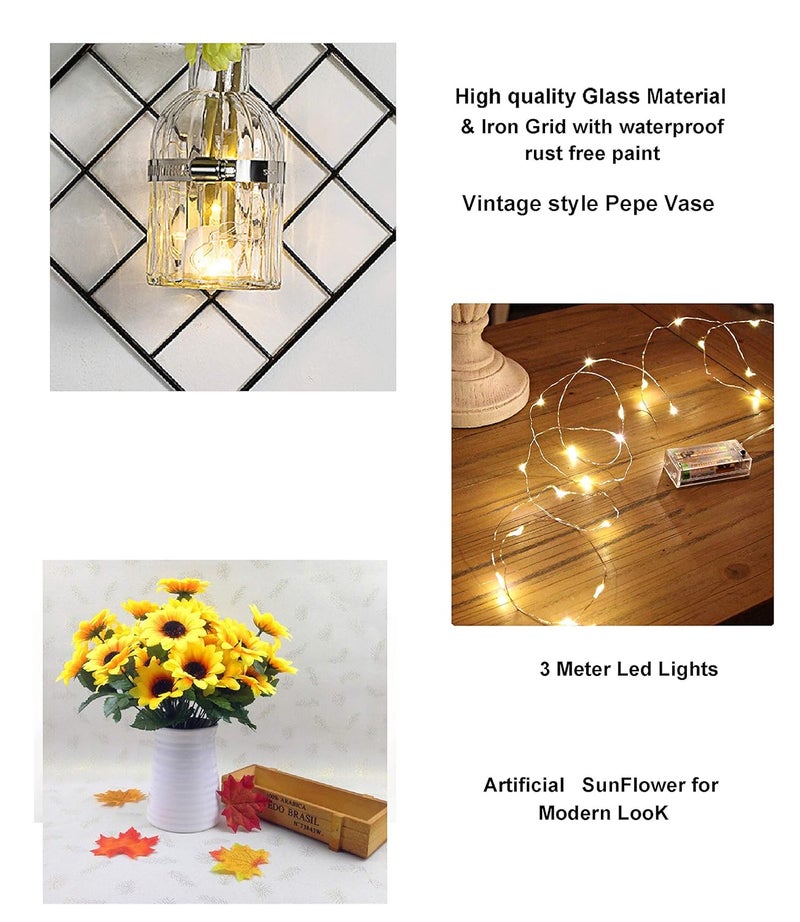 Generic The Craftman Iron Grid Plant Bottle and Yellow Artificial Flower Wall Hanging for Home Decor Decoration with LED Light  - Image 4