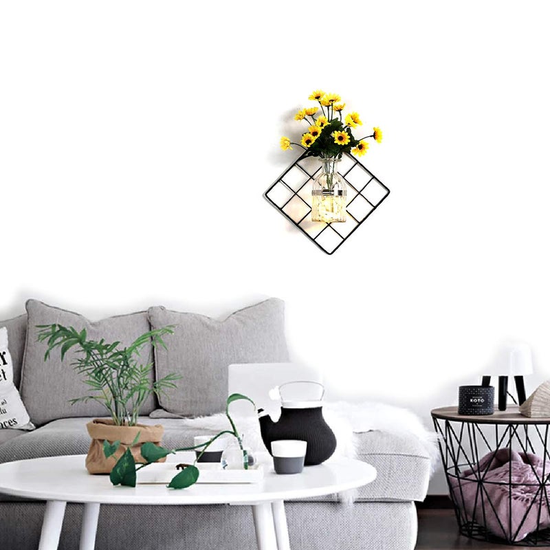 Generic The Craftman Iron Grid Plant Bottle and Yellow Artificial Flower Wall Hanging for Home Decor Decoration with LED Light  - Image 2