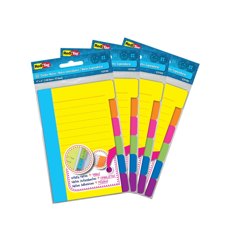 Redi-Tag RediTag Divider Sticky Notes Tabbed SelfStick Lined Notepads 240 Ruled Notes 4 x 6 4 Books Per Pack Assorted Colors B29504