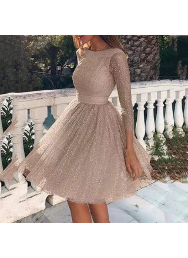 NIBEMINENT Women See-through Sequins Dress Gown Long Sleeve O-neck Backless Mini Dresses Female Wedding Evening Party Dresses  - Image 1