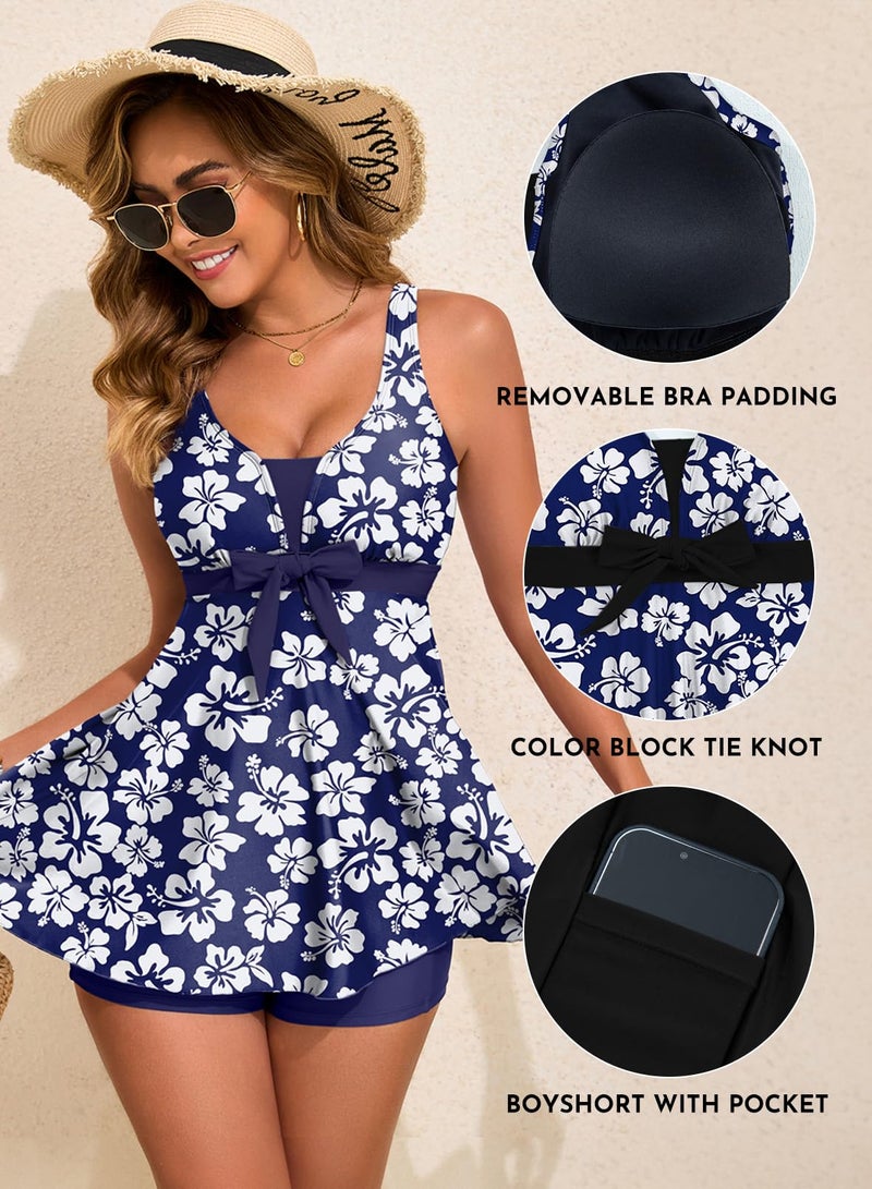 Aleumdr Tankini Swimsuits for Women Tummy Control Two Piece Bathing Suits Floral Printed Tank Top with Boyshorts Blue Flower Medium - Image 4