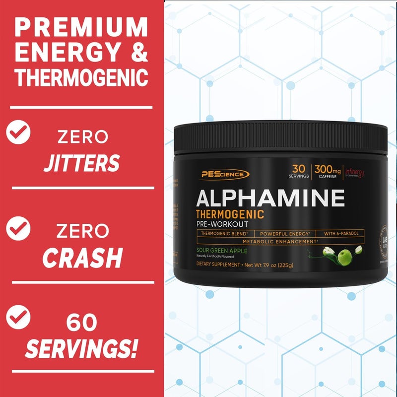 PEScience Alphamine Thermogenic Pre Workout Fat Burner Pre Workout Energy Powder with LCarnitine Sour Green Apple 60 Scoops - Image 2