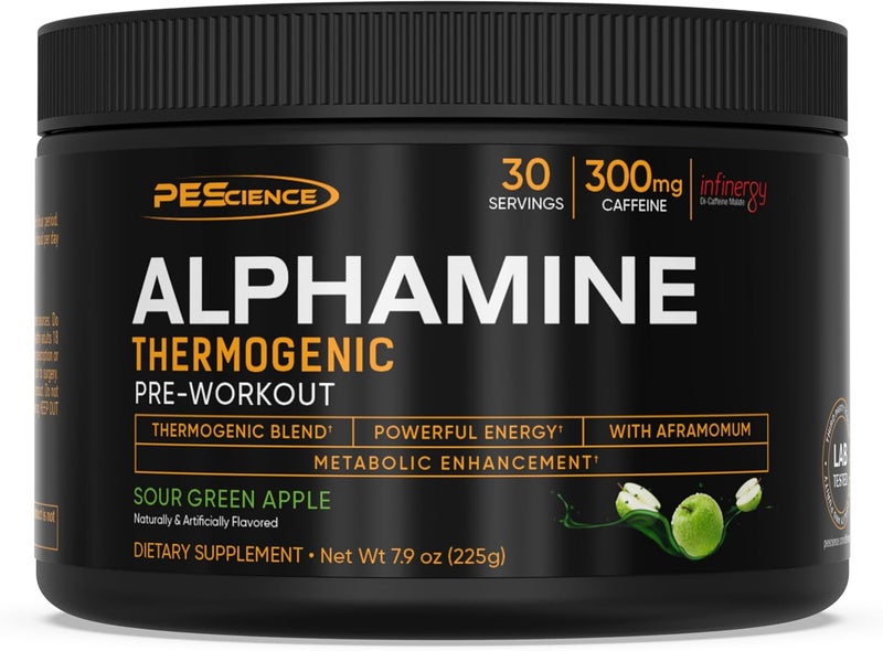 PEScience Alphamine Thermogenic Pre Workout Fat Burner Pre Workout Energy Powder with LCarnitine Sour Green Apple 60 Scoops - Image 1